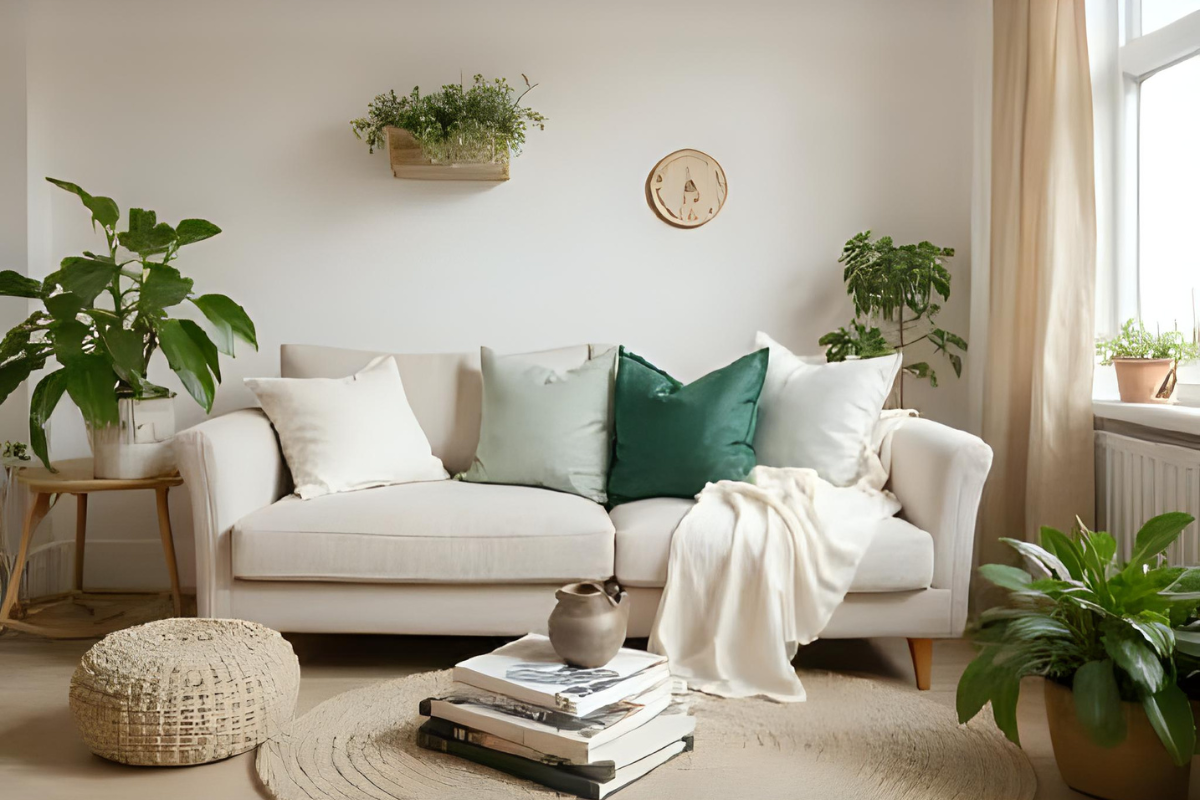 Einladendes skandinavisches Wohnzimmer mit Sofa, Kissen in Salbeigrün und gemütlicher Beleuchtung – Wohnzimmer Deko Ideen.